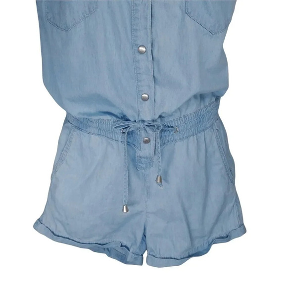 Revamped by Sirens Denim Romper Jumpsuit Blue Cuffed Leg XS - Picture 4 of 8